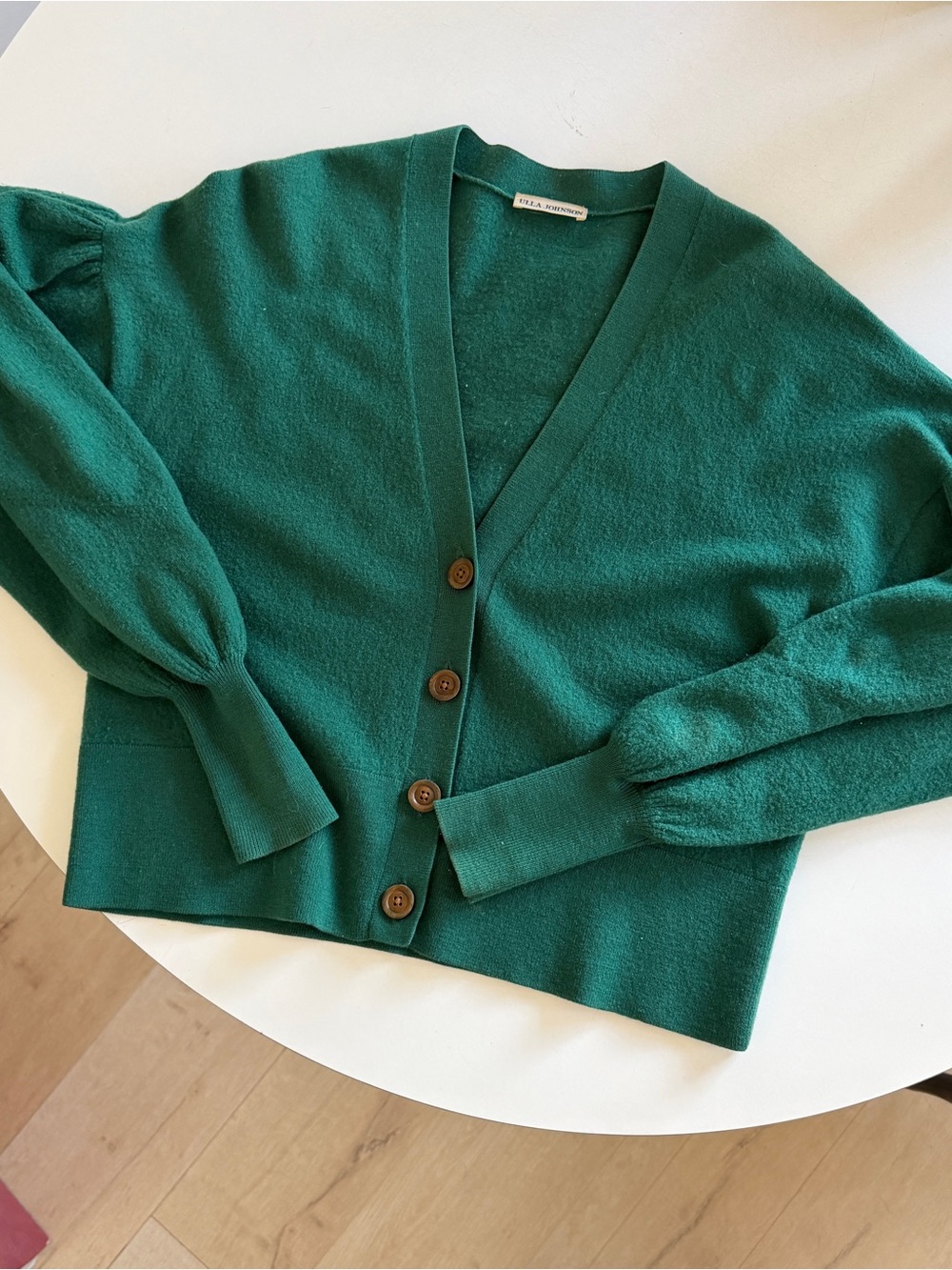 ULLA JOHNSON Puff Sleeve Wool Cardigan in Teal